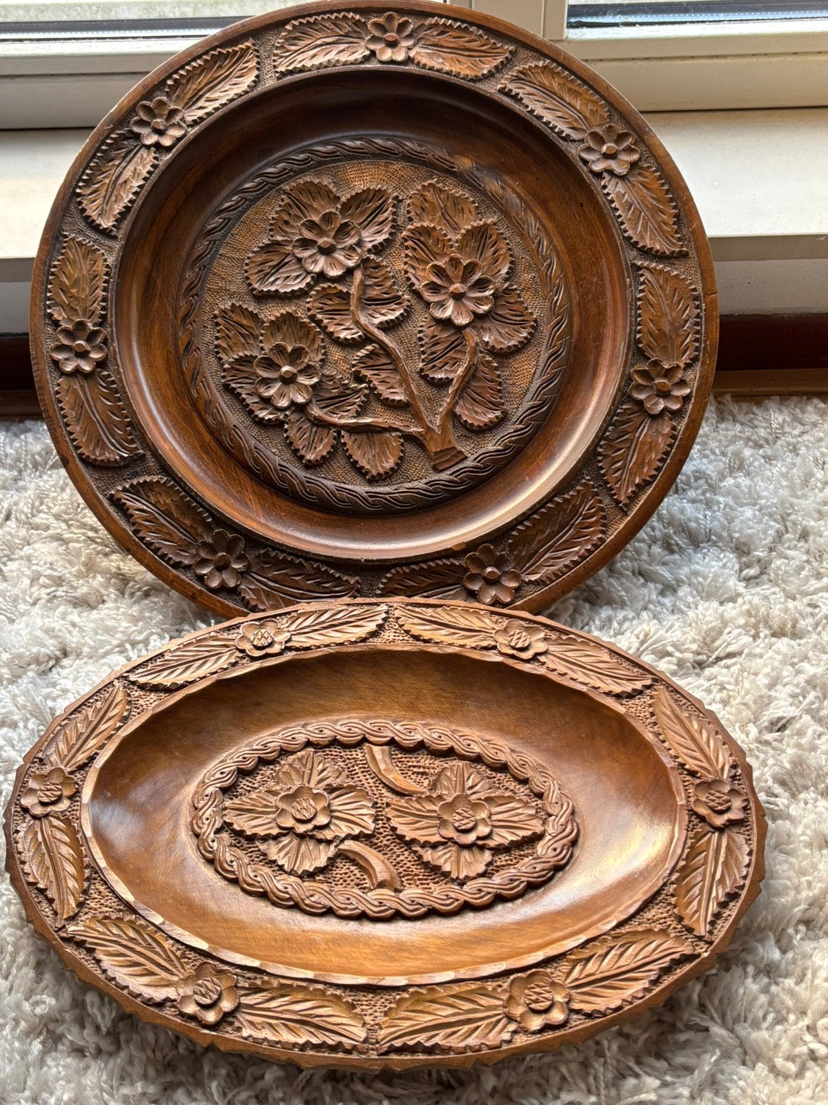 2delige XL set vintage Poolse sierschotels handgesneden hout, Ophalen of Verzenden