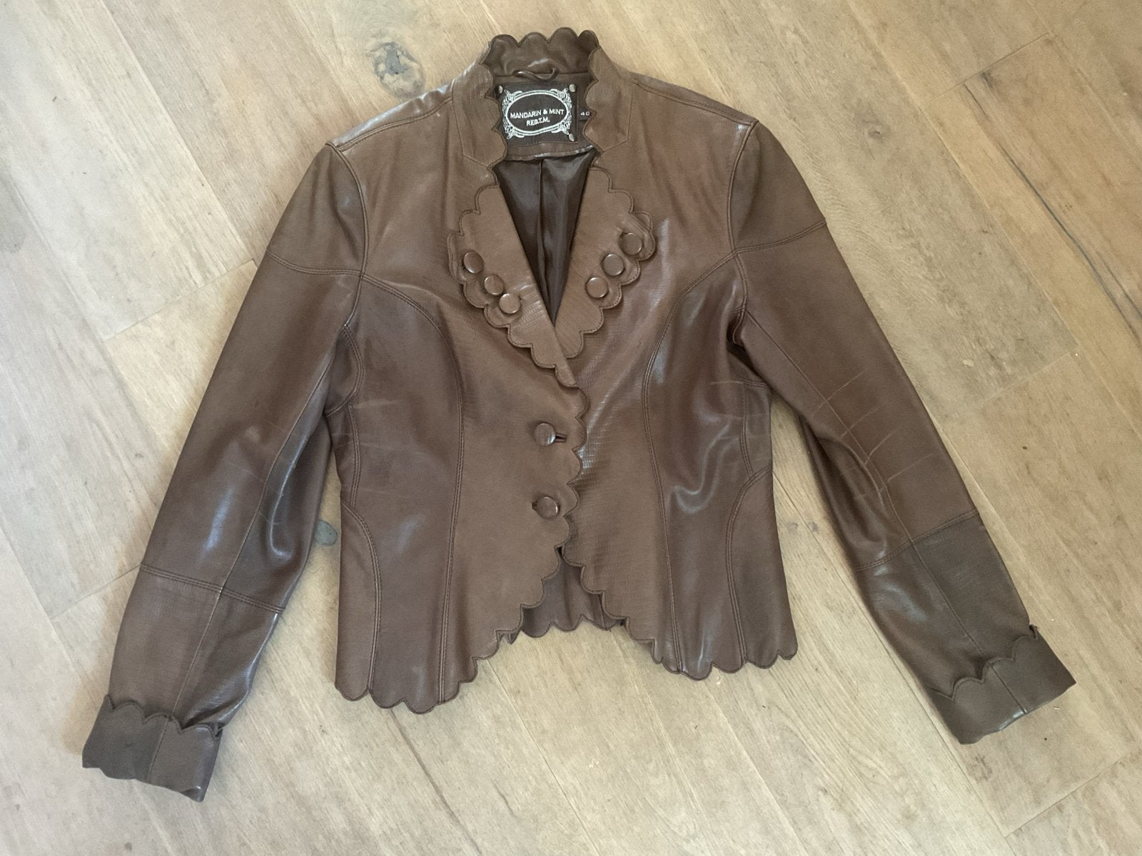 Vintage Mandarin & Mint Leren Jasje - Maat 40, Kleding | Dames, Ophalen of Verzenden, Gedragen, Maat 38/40 (M), Bruin