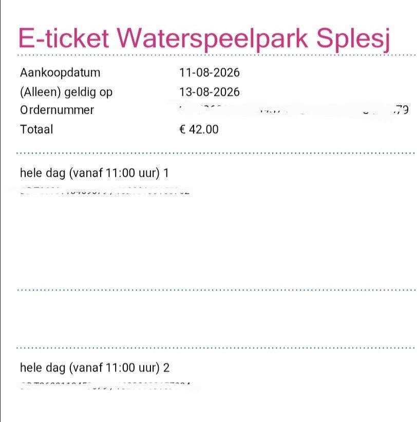 2 kaartjes voor waterpark Splesjh in Hoeven, Tickets en Kaartjes, Twee personen