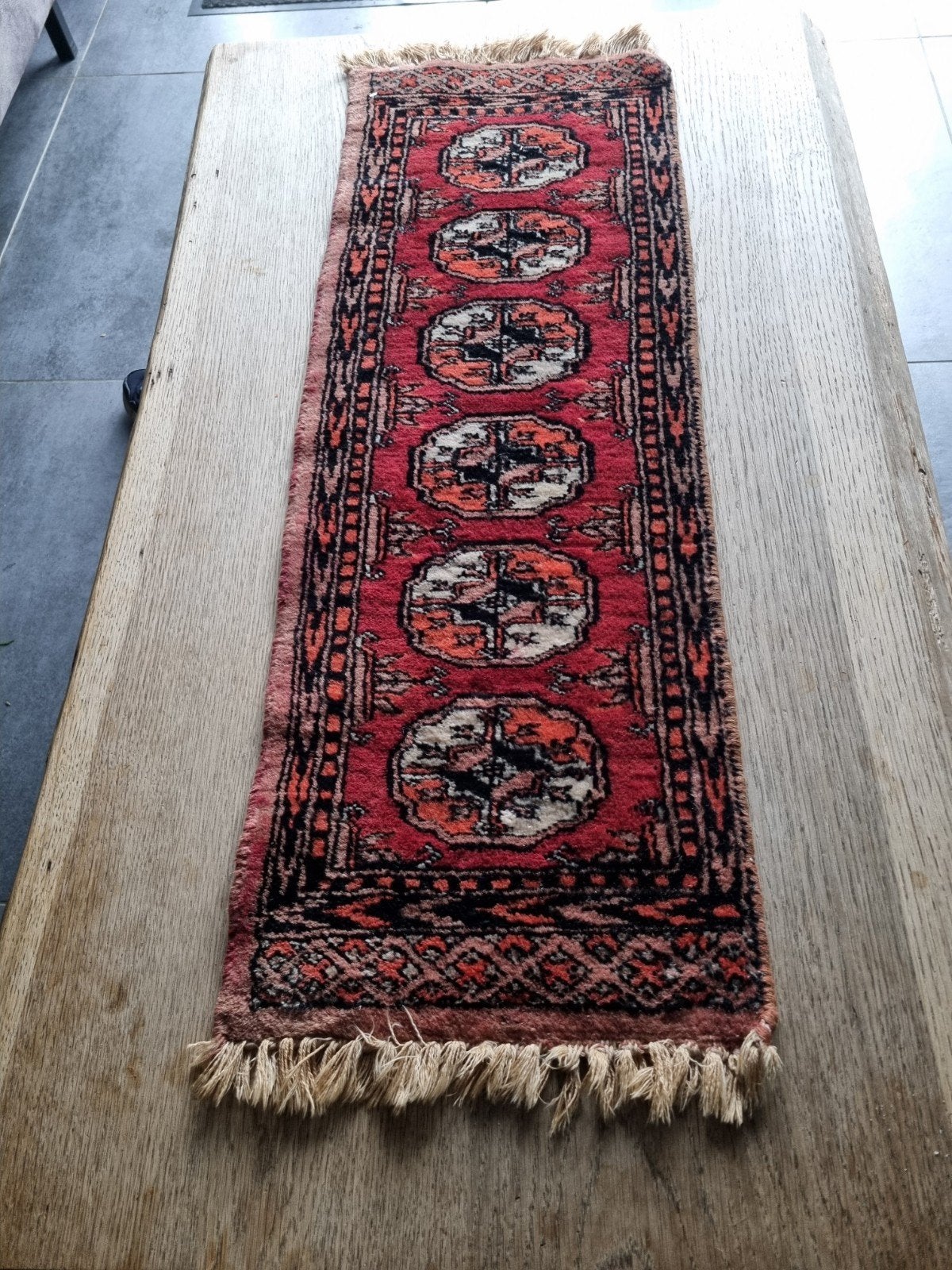 Wollen handgeknoopte Perzische tafelloper, Minder dan 50 cm, Gebruikt, 100 tot 150 cm, Oosters, Bokhara, Lahore, Tribaal