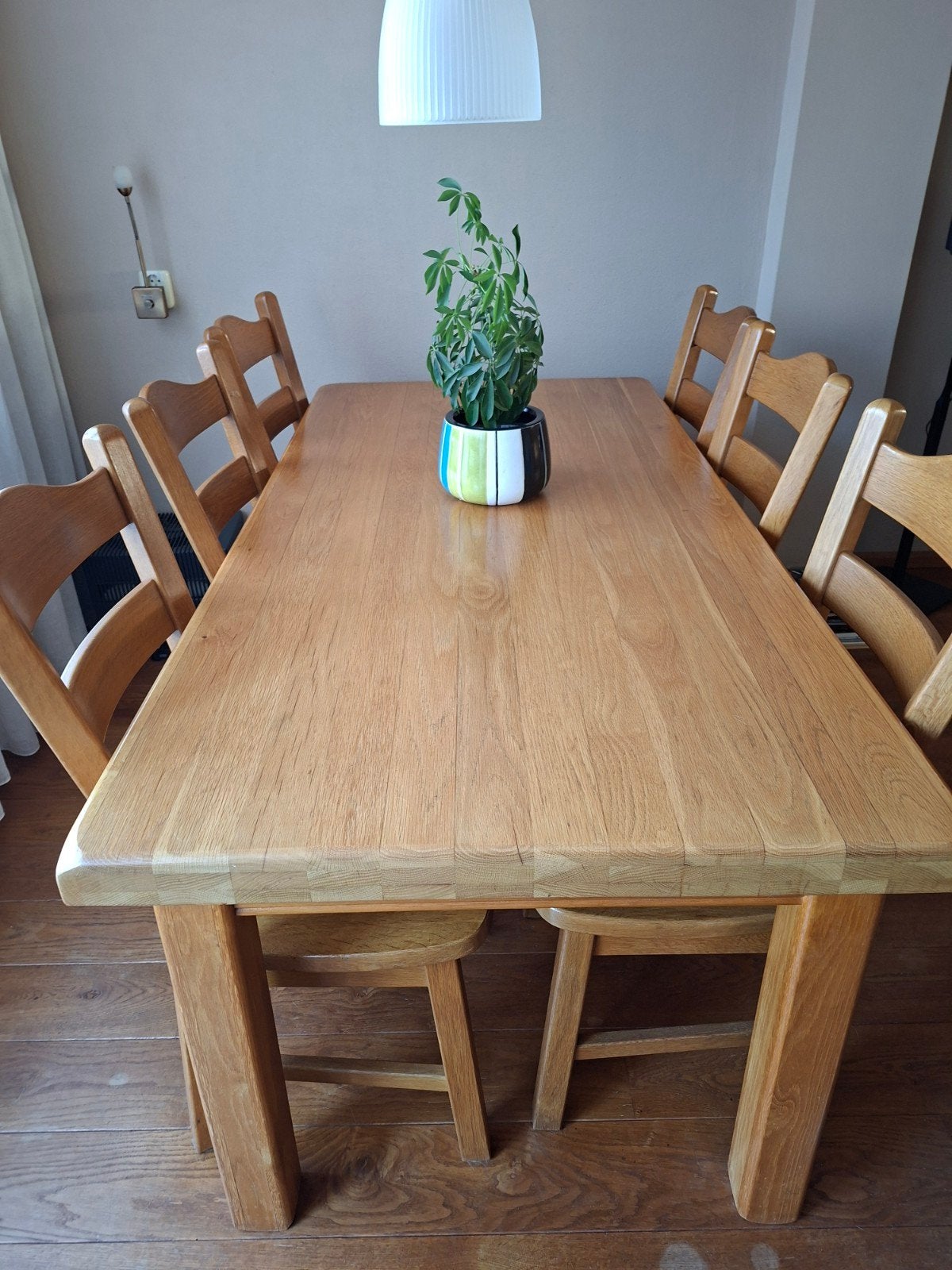 Massief eiken eettafel met 6 stoelen, Ophalen, Bruin, Zo goed als nieuw, Hout
