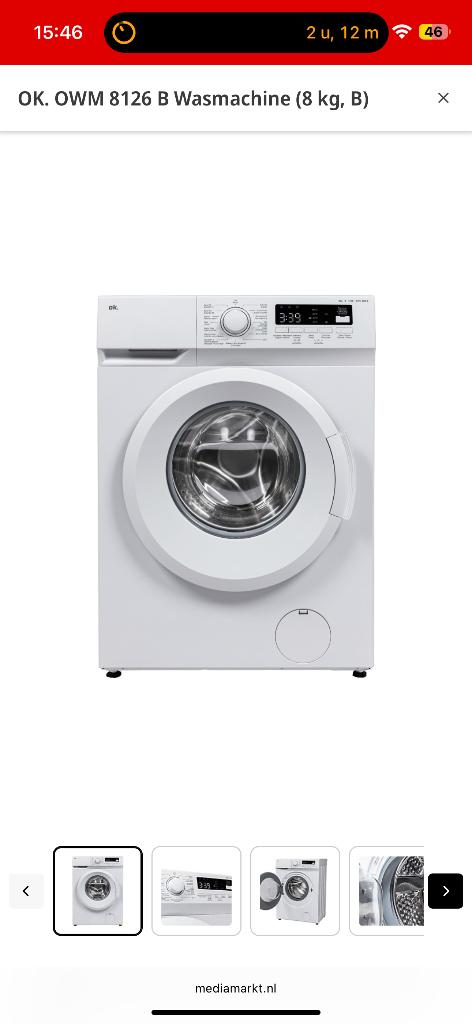 OK. OWM 8126 B Wasmachine (8 kg, B), Ophalen, Handwasprogramma, Zo goed als nieuw, Voorlader