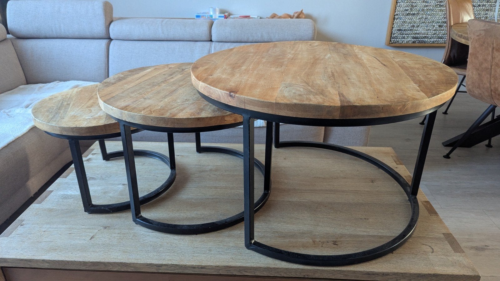Goossens salontafels mangohout set van 3, 50 tot 100 cm, Rond, 50 tot 100 cm, Zo goed als nieuw