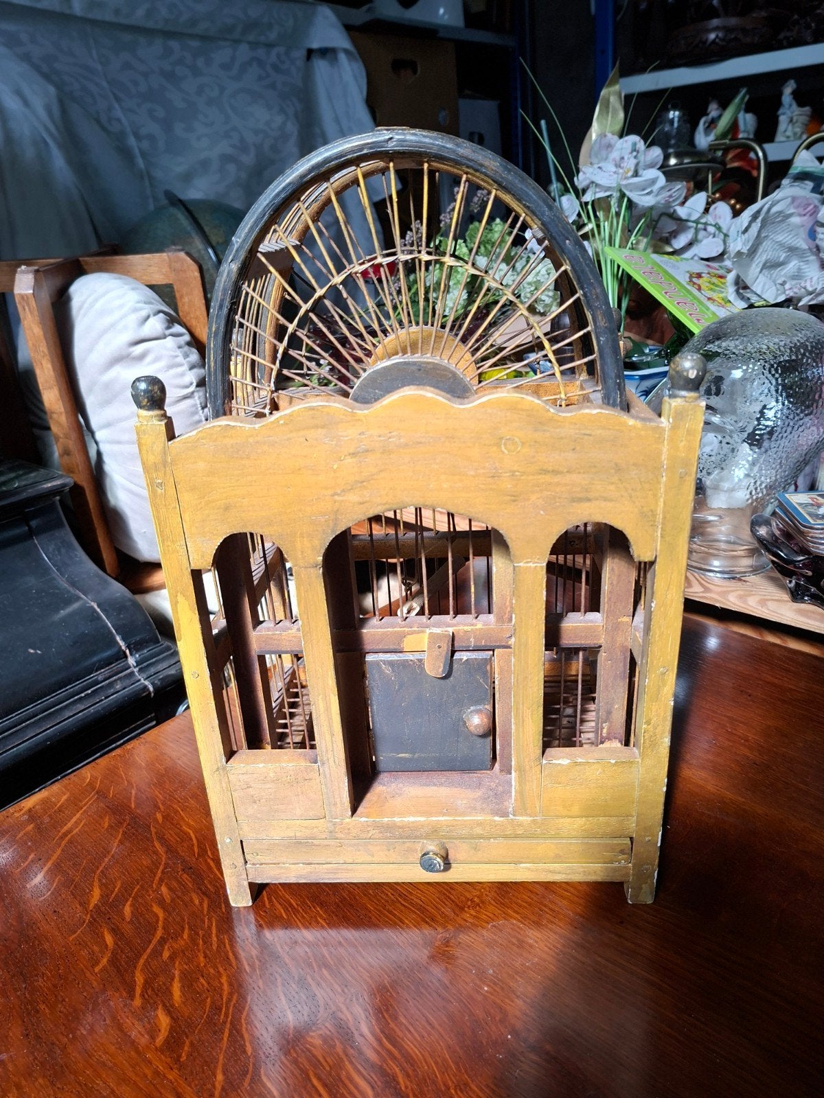 Antieke houten vogelkooi - Brocante decoratie, Ophalen of Verzenden