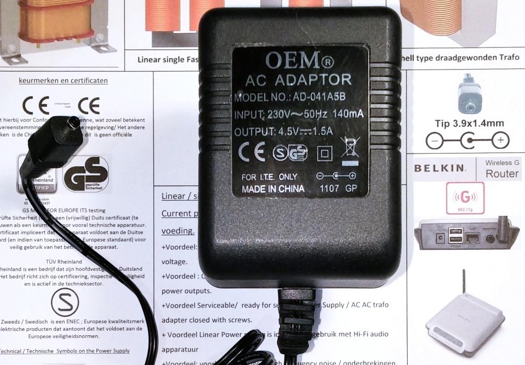 OEM AD-041A5B AC DC Adapter 4.5V 5V 1.5A 7W Oplader F5D7230, Ophalen of Verzenden, Zo goed als nieuw