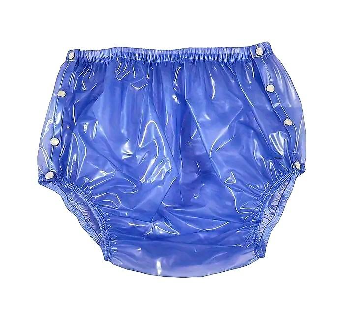 Blauwe plastic broek met druk knopen en plastic rok, Kort, Blauw, Maat 46/48 (XL) of groter, Nieuw