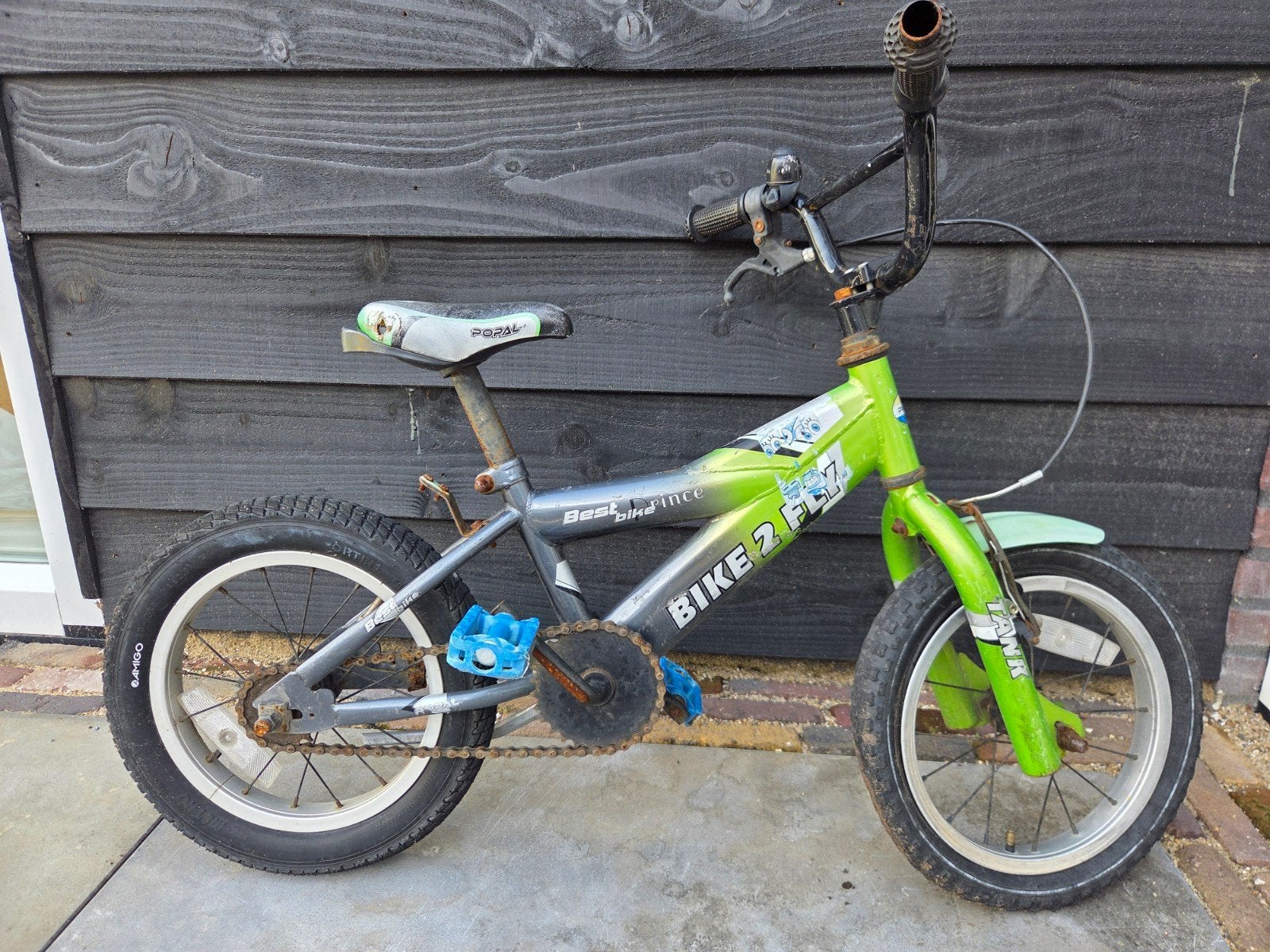 Kinderfiets Bike 2 Fly - Groen/Grijs (Gebruikt), Ophalen, Gebruikt, Velgrem, Minder dan 16 inch