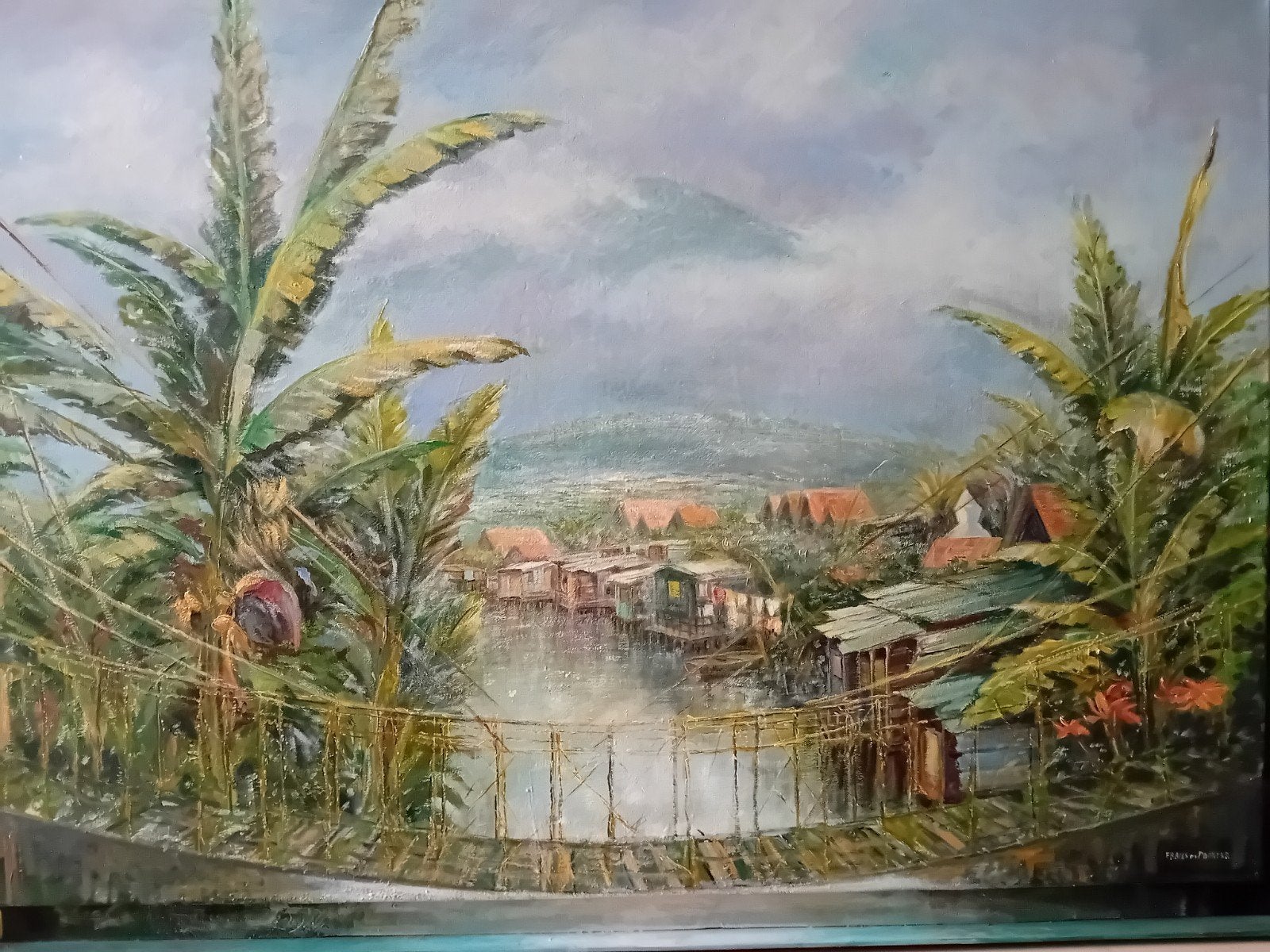 Tropisch landschap met brug en huizen aan het water, Ophalen