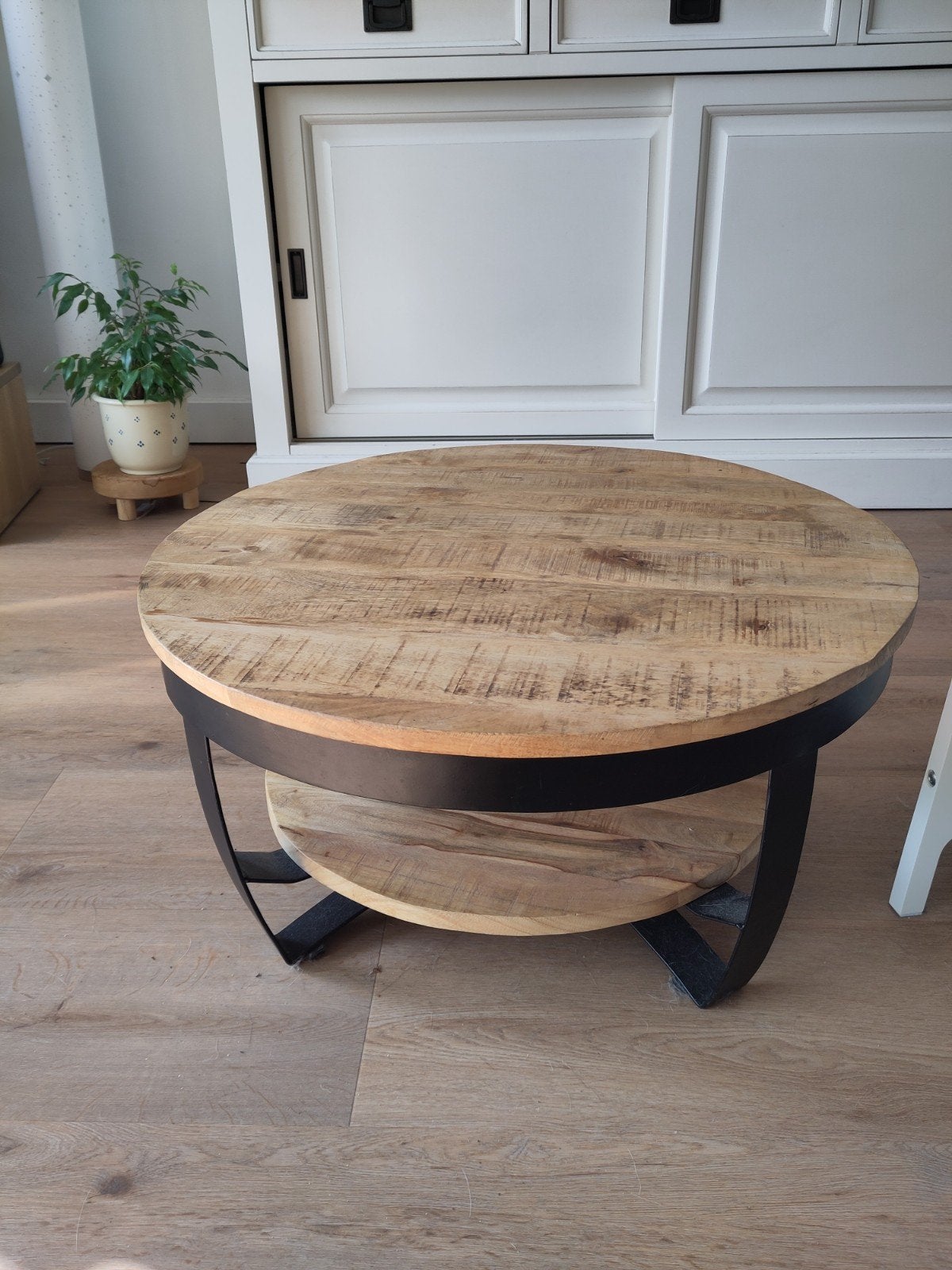 Salontafel hout en staal,  met plateau,, Ophalen, 50 tot 100 cm, Rond, 50 tot 100 cm