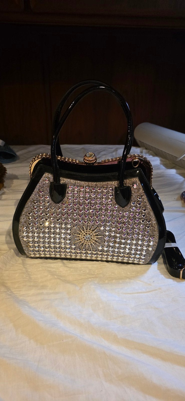 Glitterende Avondtas met Strass en Lakleer Details, Ophalen of Verzenden, Nieuw, Zwart, Handtas