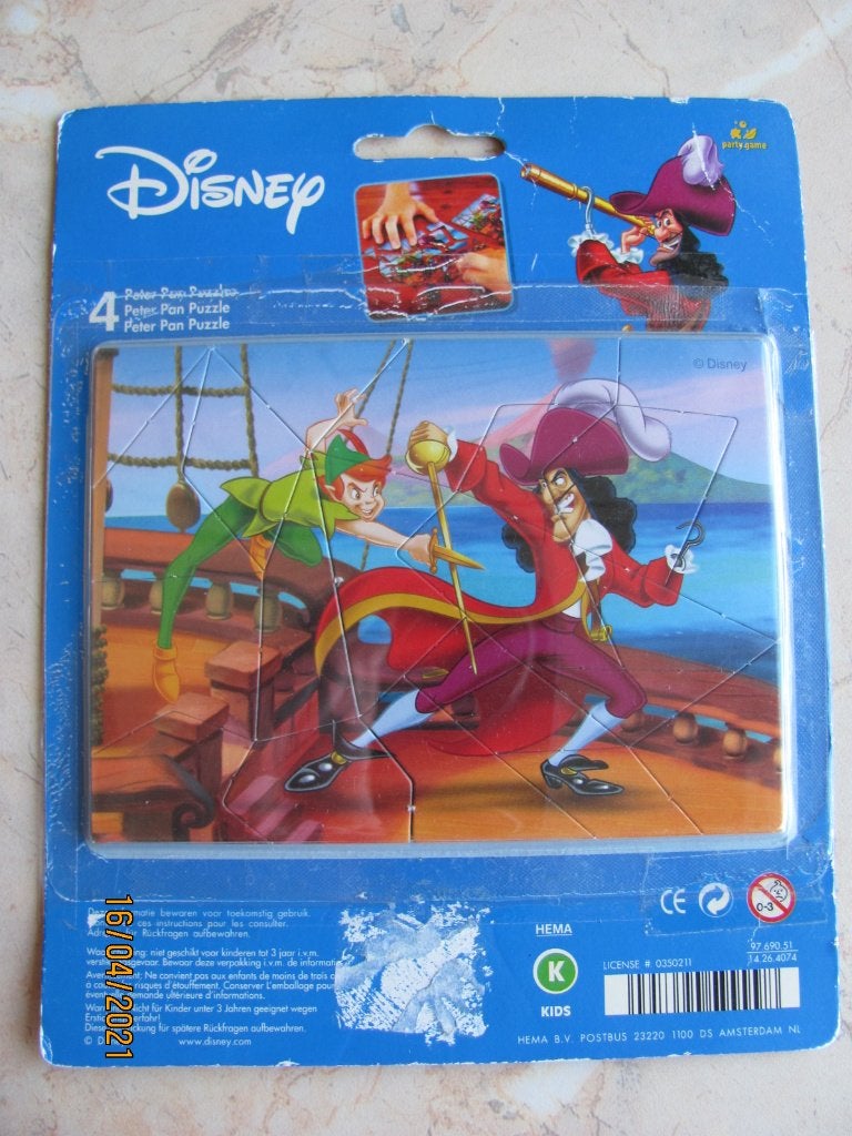 NIEUW verpakking Hema DISNEY 4x kleine PUZZEL Peter Pan Haak, Ophalen of Verzenden, 10 tot 50 stukjes, Nieuw, 4 tot 6 jaar