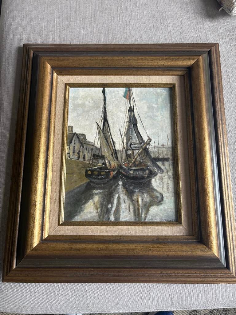 Olieverfschilderij: Haven met boten (gesigneerd), Ophalen of Verzenden