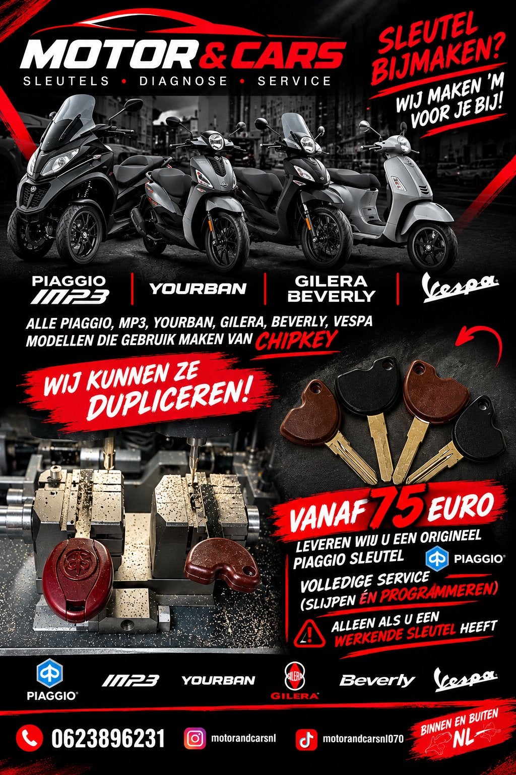 Sleutel bijmaken Piaggio, Gilera,Vespa - Vanaf 75 euro 180cc, Ophalen of Verzenden, Nieuw