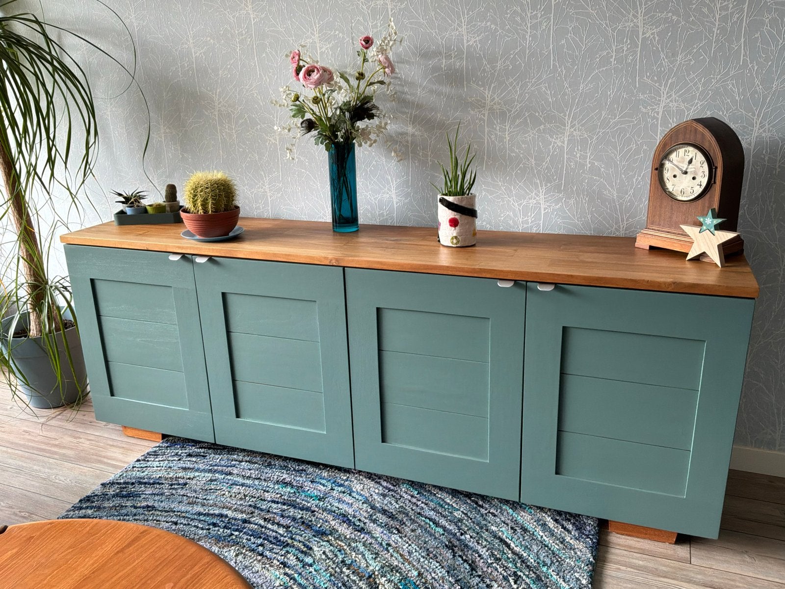 Uniek Teak hout Dressoir kleur groen / dusty teal / blank, Ophalen, Gebruikt, Minimalistisch, modern, 200 cm of meer