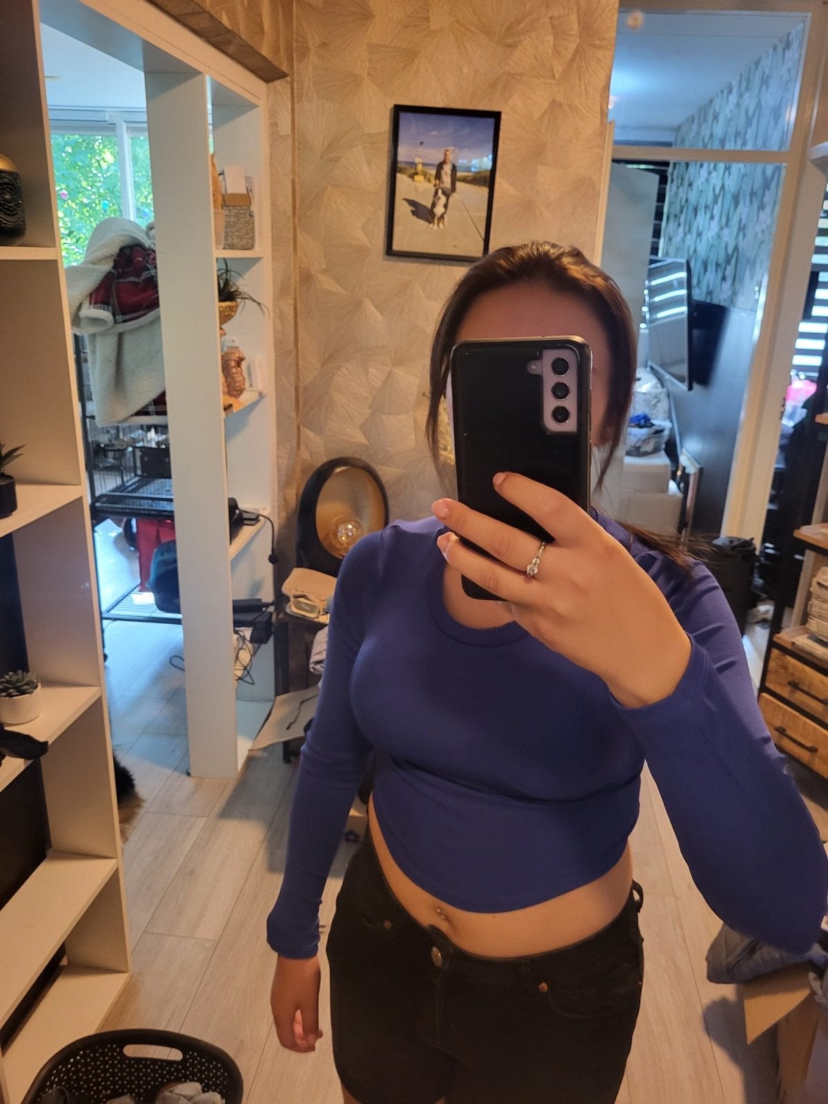Blauwe crop top met lange mouwen en open rug - Maat S, Kleding | Dames, Tops, Blauw, Ophalen of Verzenden, Lange mouw, Maat 36 (S)
