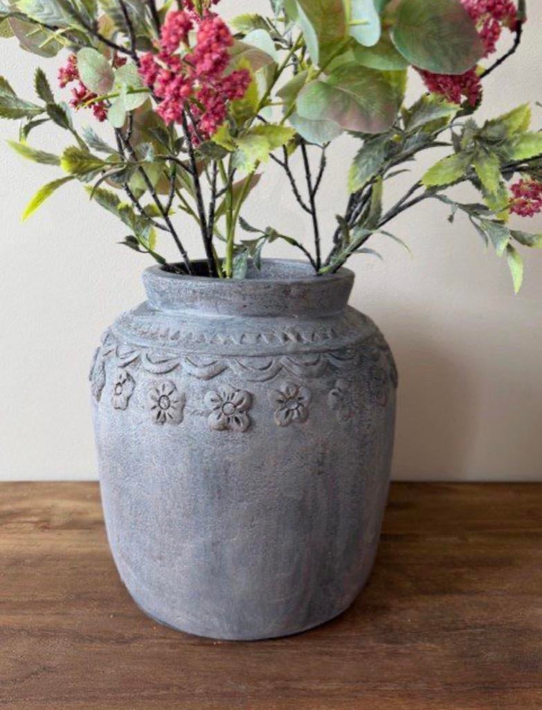 Mooie grote pot met bloem motief, Steen, Overige kleuren, Nieuw, Ophalen of Verzenden