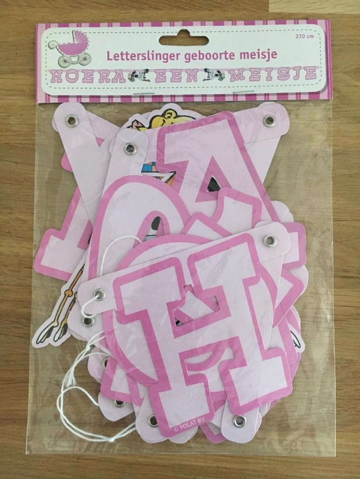 Letterslinger ooievaar+baby roze - Hoera een meisje, Ophalen of Verzenden, Nieuw, Versiering, Geboorte of Huwelijk