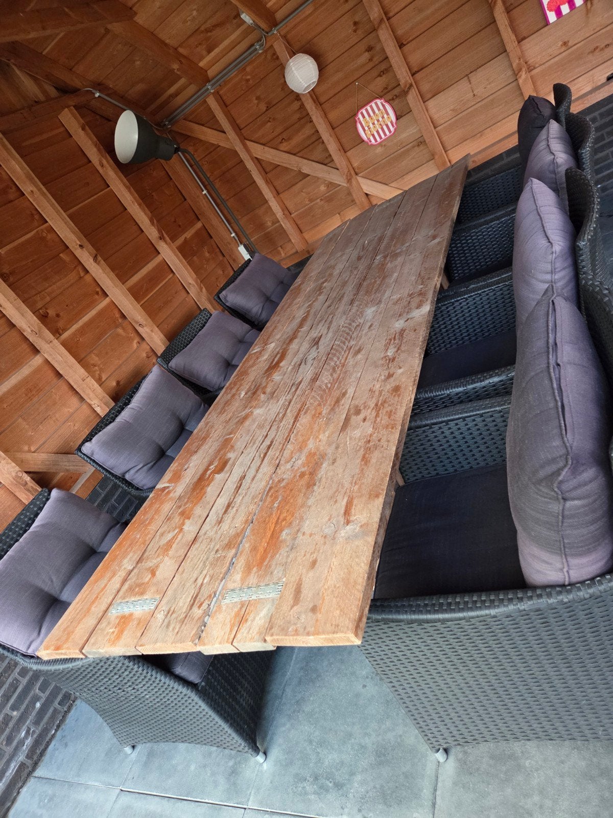 Steigerhouten tuintafel (300x100cm) met 8 stoelen, Ophalen, Gebruikt, Steigerhout, 8 zitplaatsen