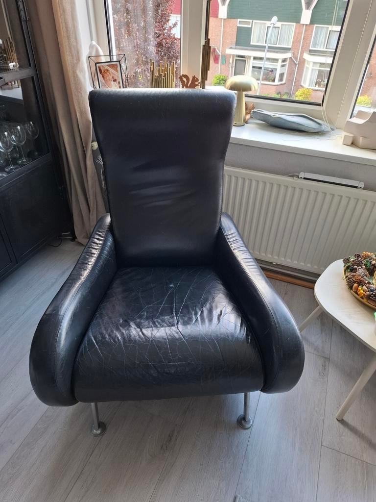 Leolux fauteuil, zwart leer, h 98, d 55, b 74, Gebruikt, Minder dan 75 cm, Leer, Ophalen of Verzenden