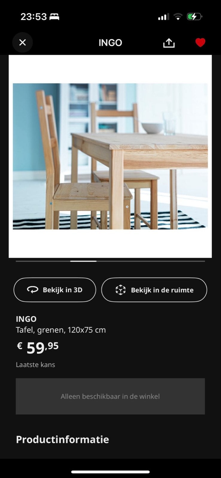 IKEA INGO grenen eettafel 120x75 cm, Ophalen, Gebruikt, 100 tot 150 cm, Tot twee personen
