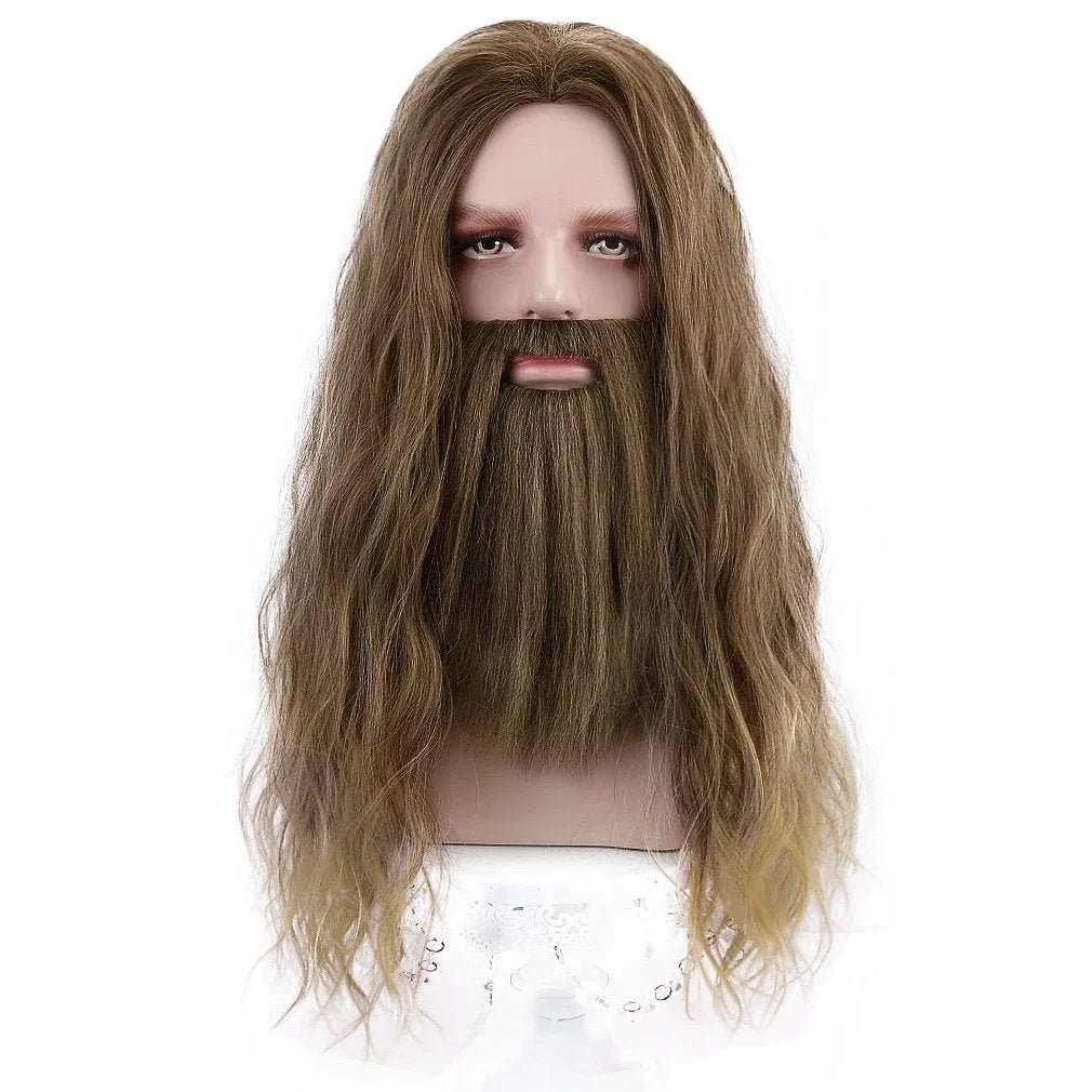 Lange Bruine Heren Pruik Met Baard Lang Haar Bruin, Verzenden, Nieuw, Pruik of Haarverlenging