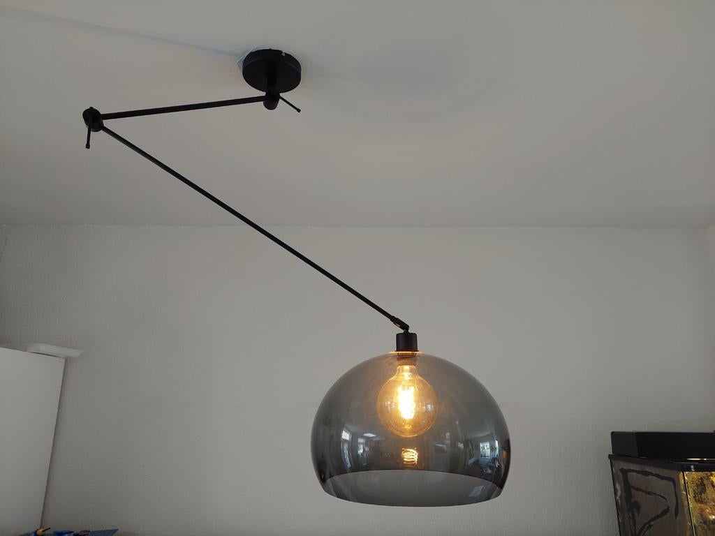 Lumidora hanglamp met rookgrijze kap en verstelbare arm, Ophalen, Modern, Industrieel, Zo goed als nieuw, 75 cm of meer