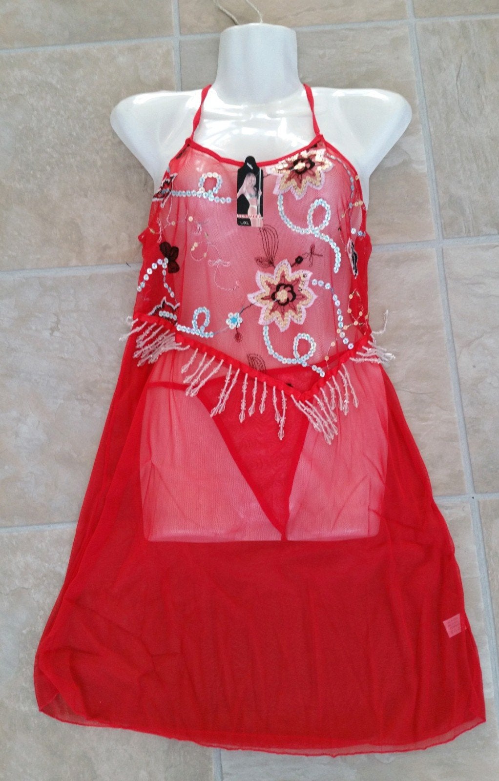 Rood doorschijnend nachthemd met pailletten L/XL, Schnabel, Ophalen of Verzenden, Rood, Nachtkleding