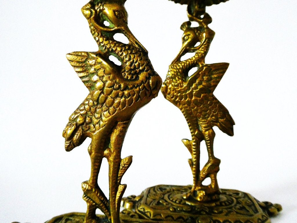 2 Messing kraanvogel kandelaars Art Nouveau vogel ooievaar, Ophalen of Verzenden, Koper of Brons