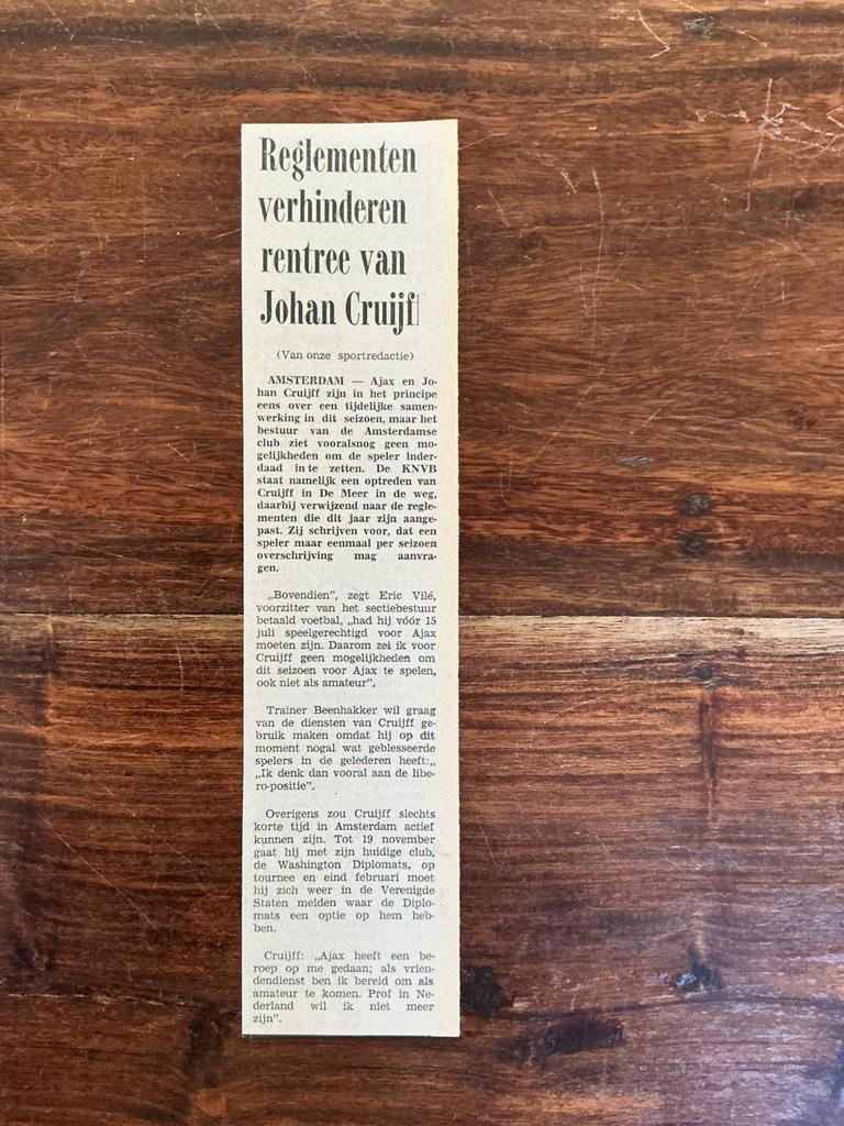 Voetbl krantenartikel Ajax Cruijff reglementen hinderen1980, Ophalen of Verzenden, Knipsel(s)