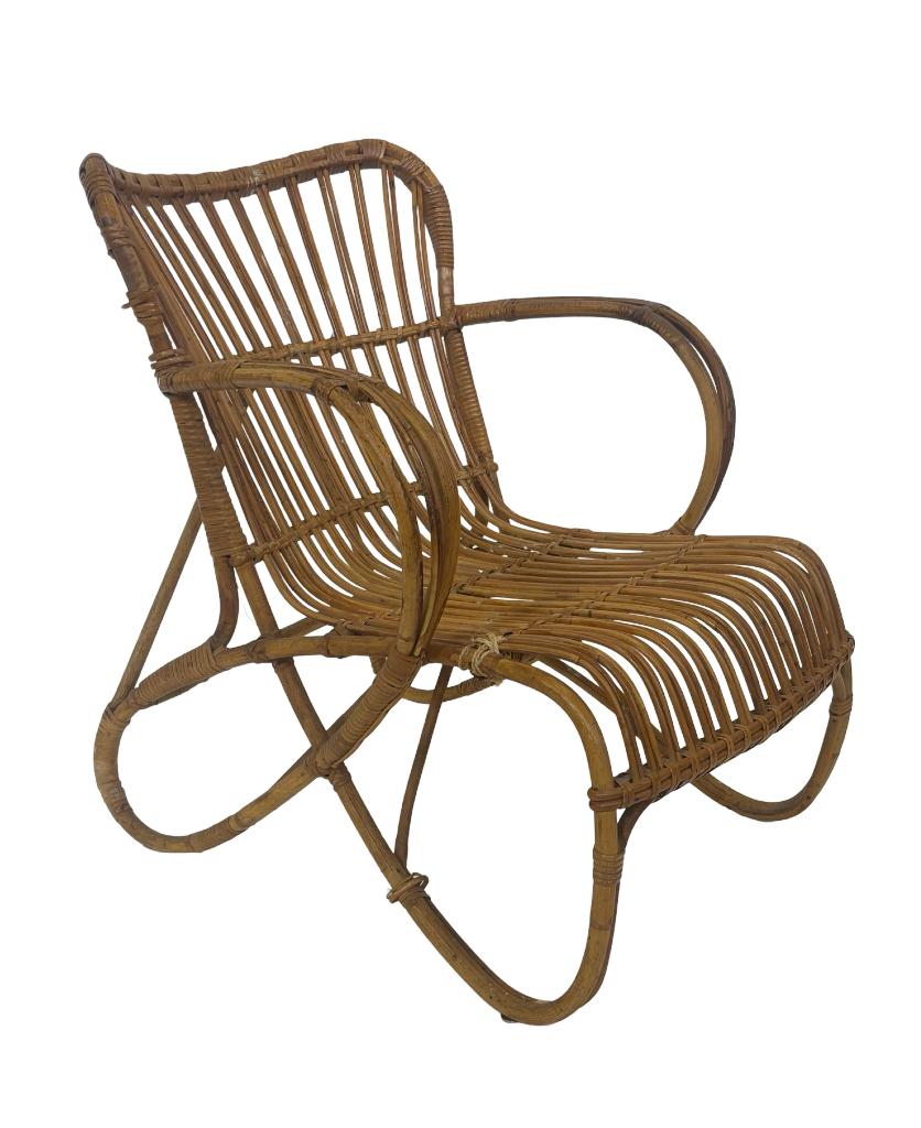 Vintage Rotan Belse 8 Fauteuil, Lage Rug design, Huis en Inrichting, Fauteuils, Gebruikt, Vintage, 50 tot 75 cm, Vintage