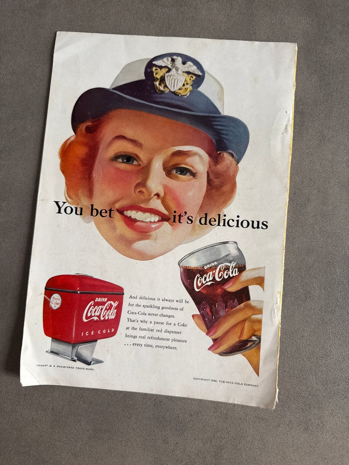Vintage Coca-Cola Advertentie 1952 - 'You bet it's delicious, Ophalen of Verzenden, Gebruikt, Overige typen