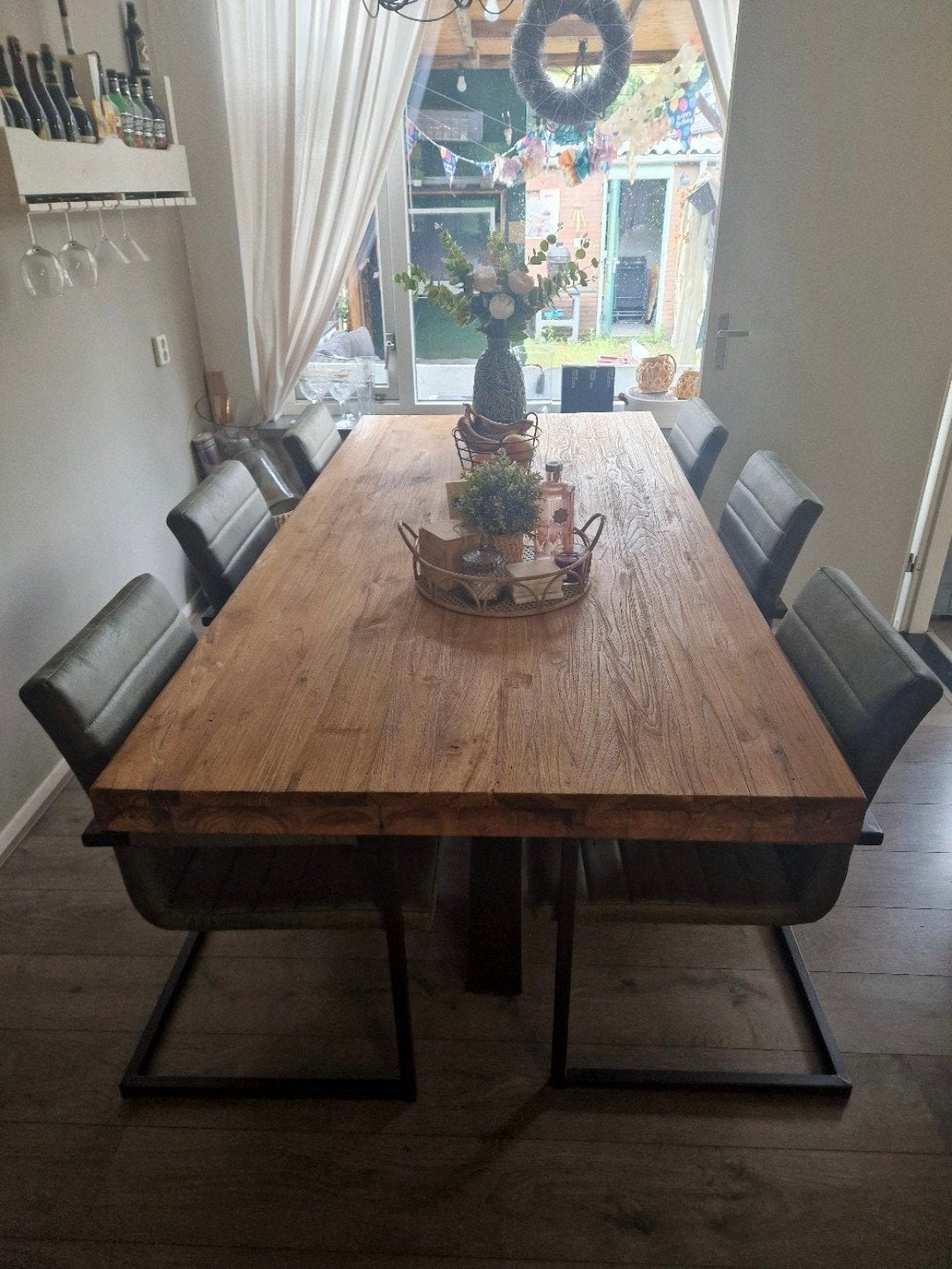 Prachtige industriële boomhout eettafel met 6 stoelen, Ophalen, 50 tot 100 cm, Zo goed als nieuw, 150 tot 200 cm