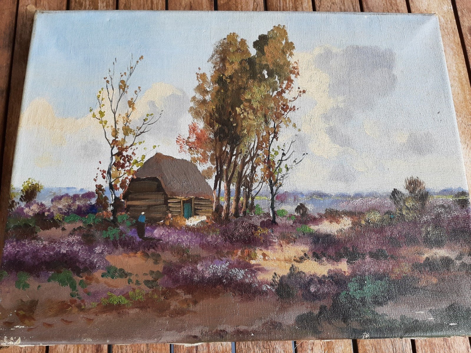 schilderij van een hutje op de hei, Ophalen of Verzenden