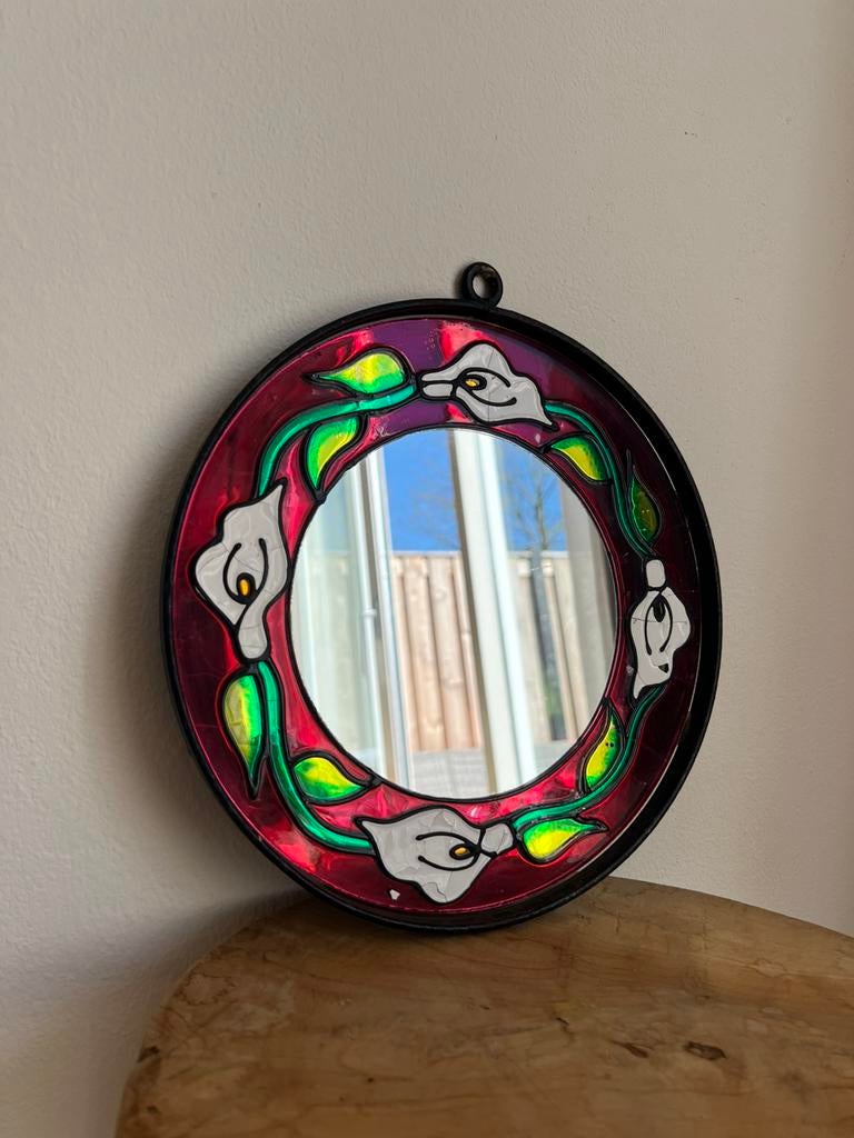 Prachtige glas-in-lood spiegel, Huis en Inrichting, Woonaccessoires | Spiegels, Minder dan 50 cm, Rond, Ophalen of Verzenden, Zo goed als nieuw