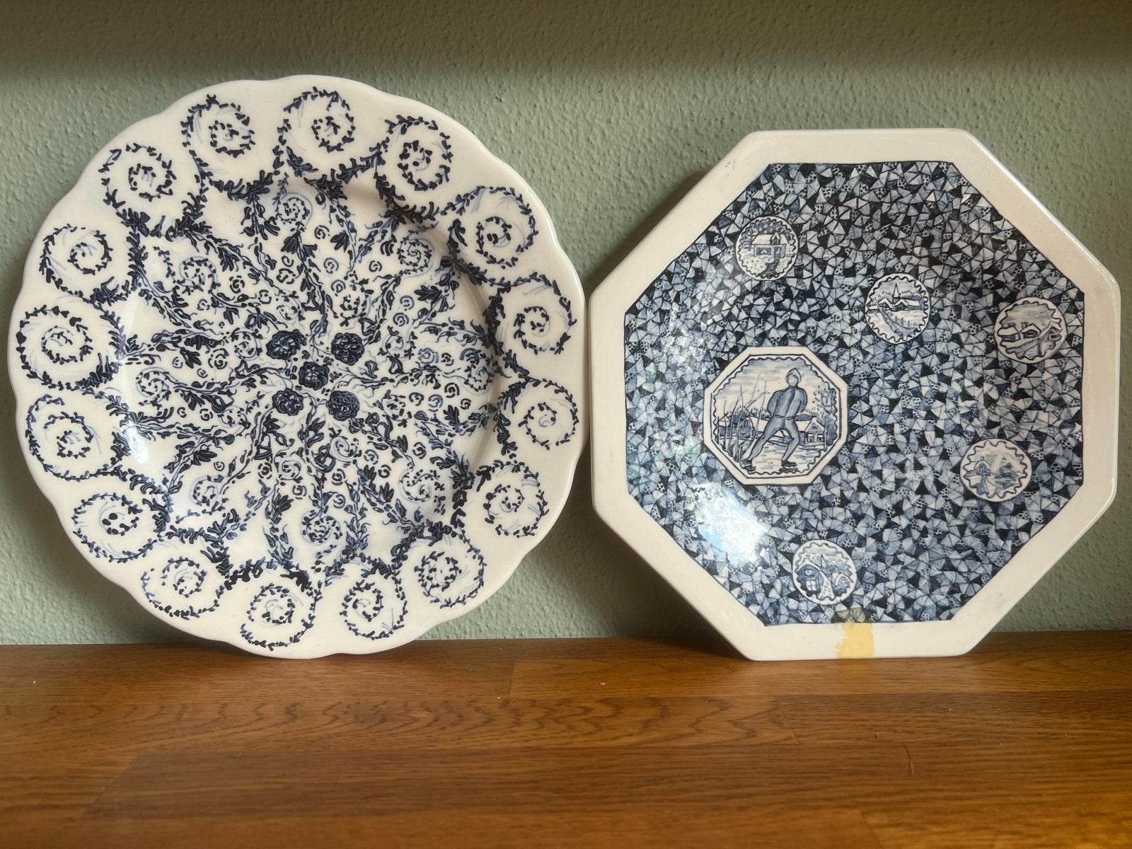 Set van 2 antieke Delfts blauwe decoratieve borden, Ophalen