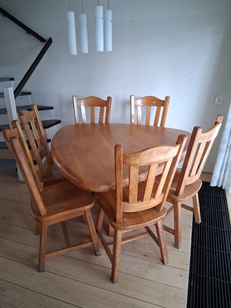Eettafel met 6 stoelen, Huis en Inrichting, Ophalen, Gebruikt, Eikenhout, Vijf personen of meer