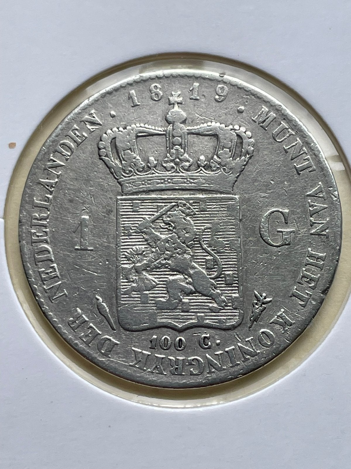 Gulden 1819 met foutief te hoog geplaatste 9 RR, 1 gulden, Verzenden, Zilver, Koning Willem I