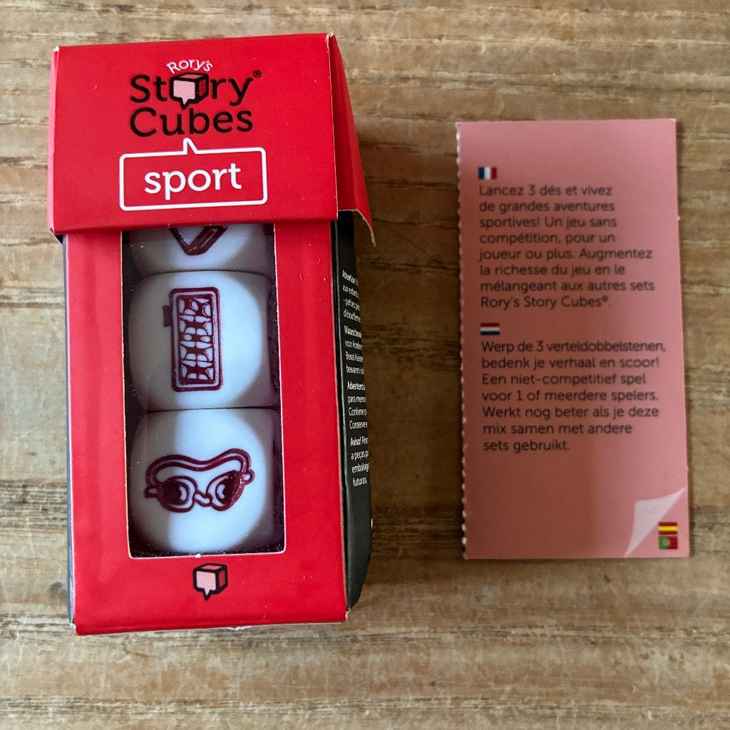 Rory's Story Cubes - sport (1-10 spelers, 6+jaar) zgan, Ophalen of Verzenden, Zo goed als nieuw, Taal en Lezen