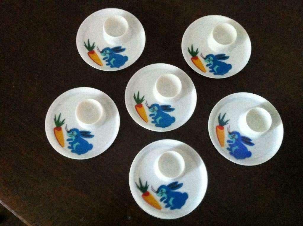 6 super schattige eierdopjes met blauw konijn en wortel, Ophalen of Verzenden, Gebruikt
