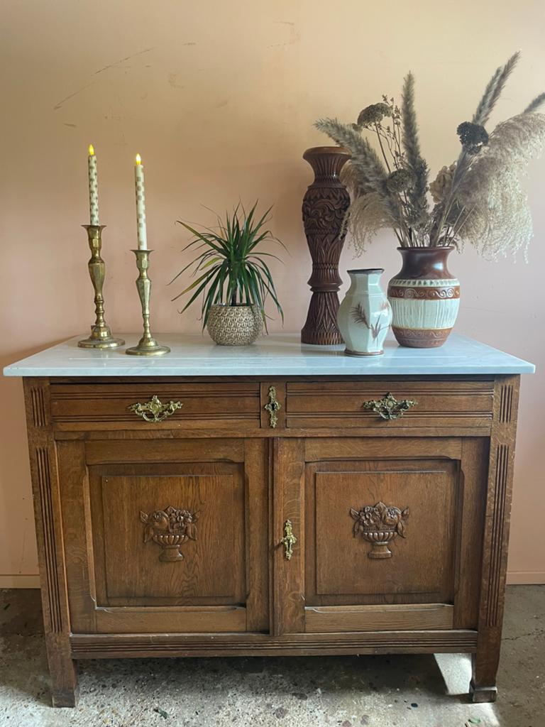 Vintage houten commode wit marmeren blad, Ophalen, Gebruikt