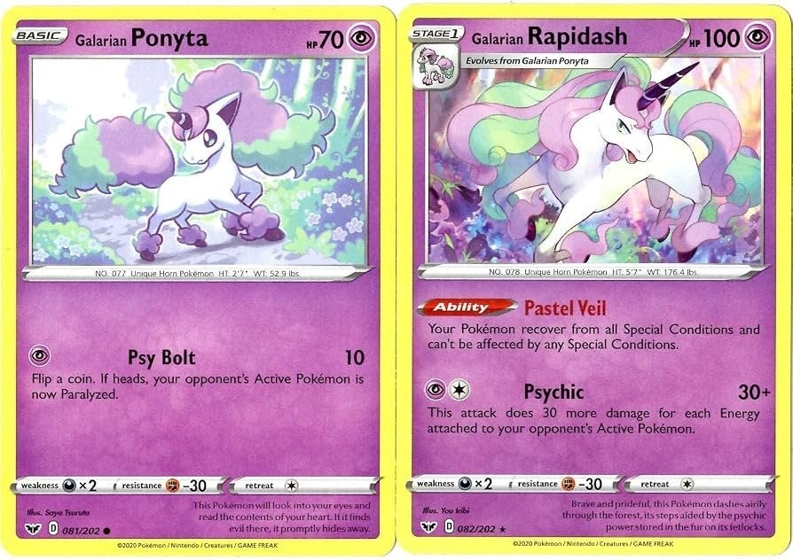 GEZOCHT Pokémon Kaarten: Galarian Ponyta & Galarian Rapidash, Verzenden, Zo goed als nieuw, Meerdere kaarten