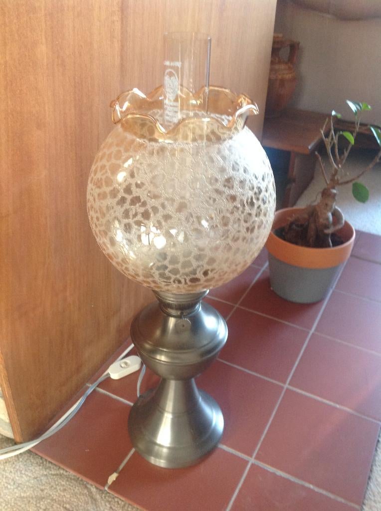 Mooie tinnen schemerlamp met glazen kap, Antiek en Kunst, Ophalen of Verzenden