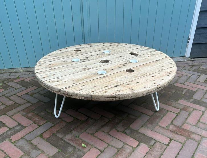 Ronde houten salontafel witte hairpin poten bijzettafel, Ophalen, Grenenhout, 50 tot 100 cm, Rond