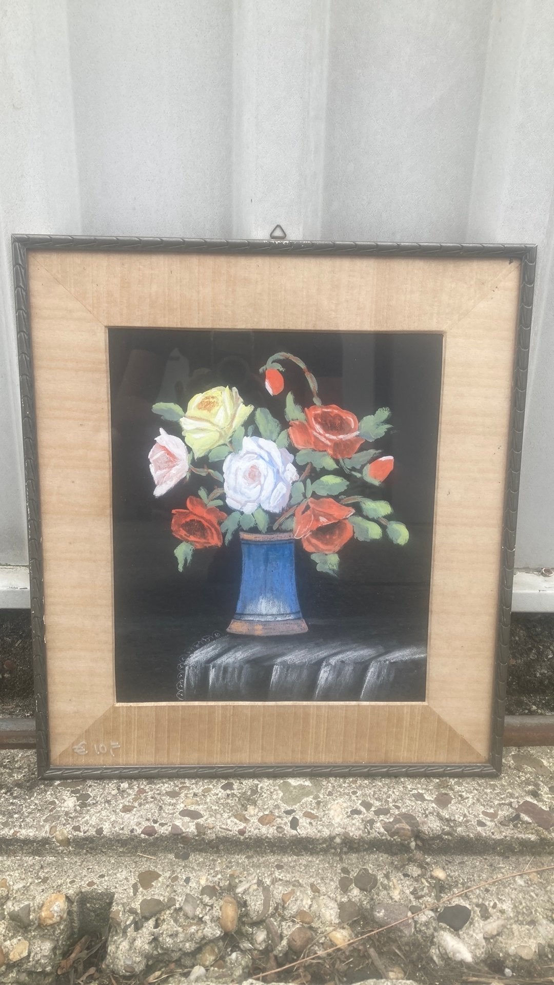 Vintage bloemen schilderij, Papier, Achter glas, Ophalen, Bloemen