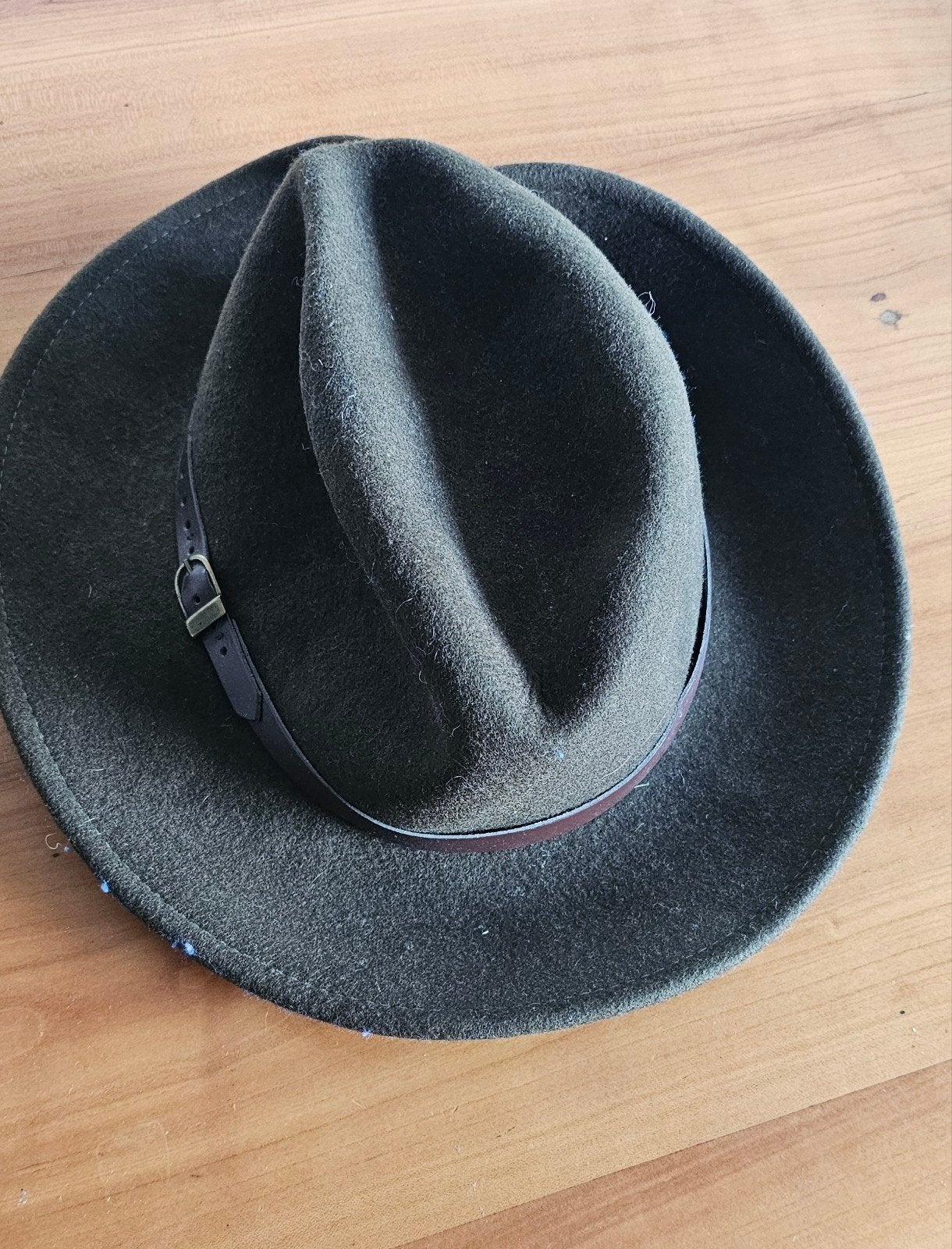 Donkergroen-bruine vilten hoed met leren band - Maat 57, Kleding | Dames, Onbekend, Ophalen of Verzenden, Zo goed als nieuw, Hoed