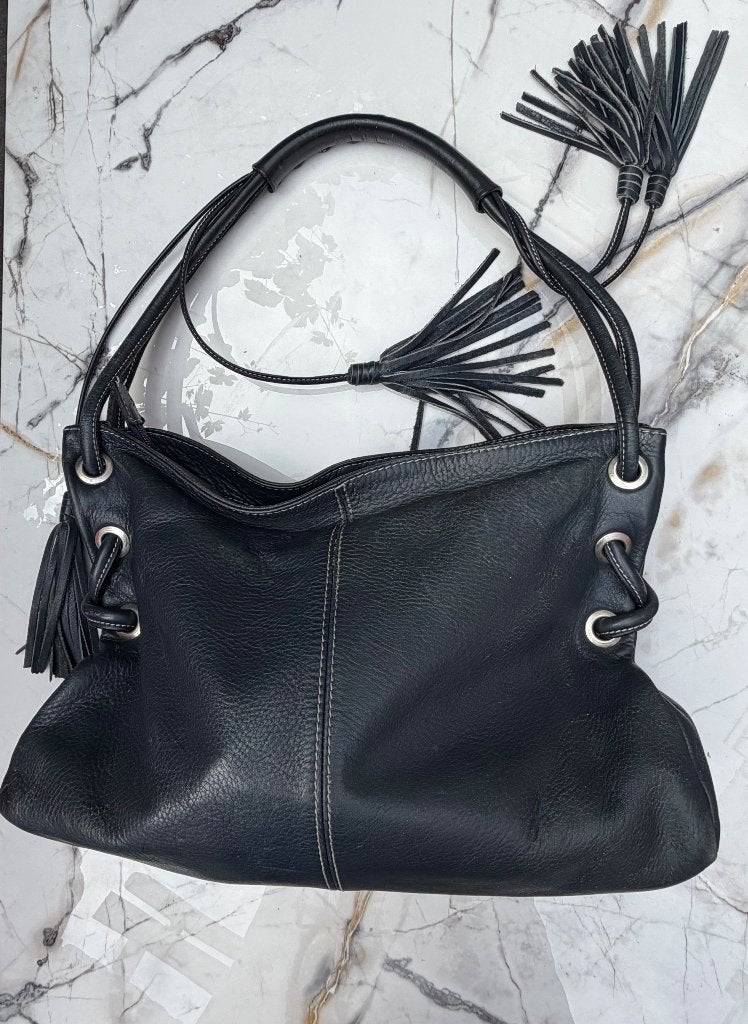 Prachtige Zwart Leren Schoudertas / Hobo Bag met Kwastjes, Overige merken, Zwart, Ophalen of Verzenden, Zo goed als nieuw