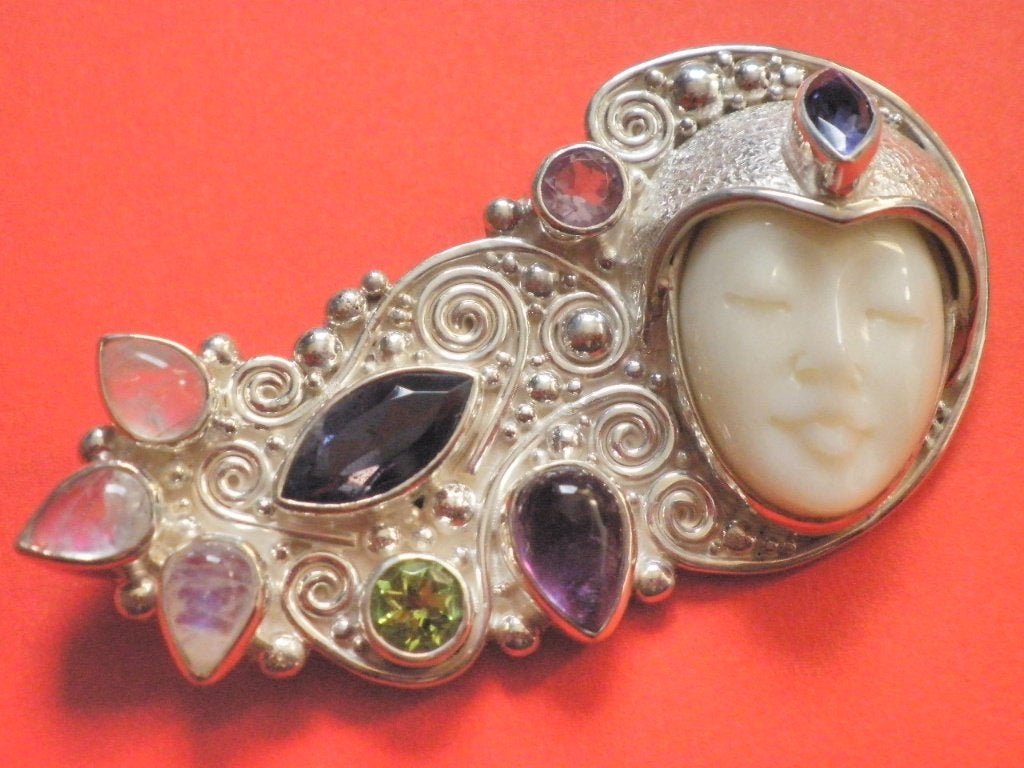 Prachtige Grote Zilveren Broche met Amethist, Maanstenen, Verzenden, Zilver, Broche, Met edelsteen