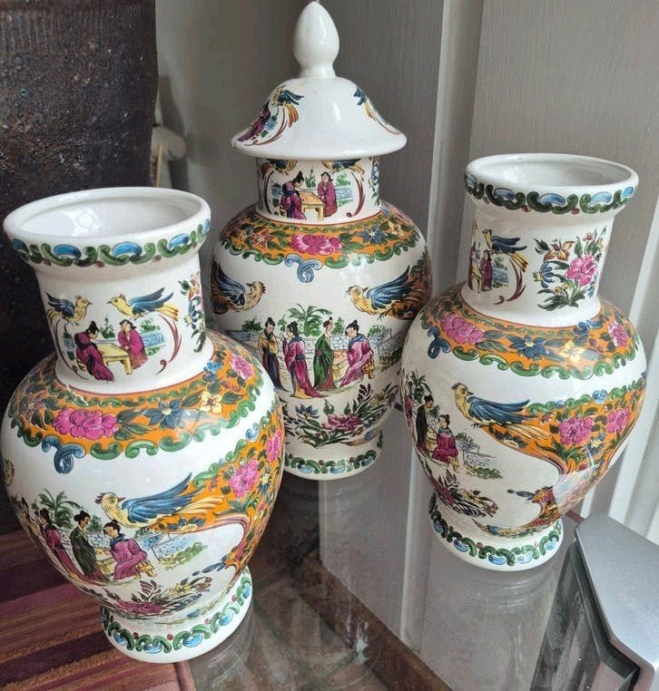Vintage 3-delig Chinees kaststel – Vazen puntgaaf!, Antiek en Kunst, Ophalen of Verzenden