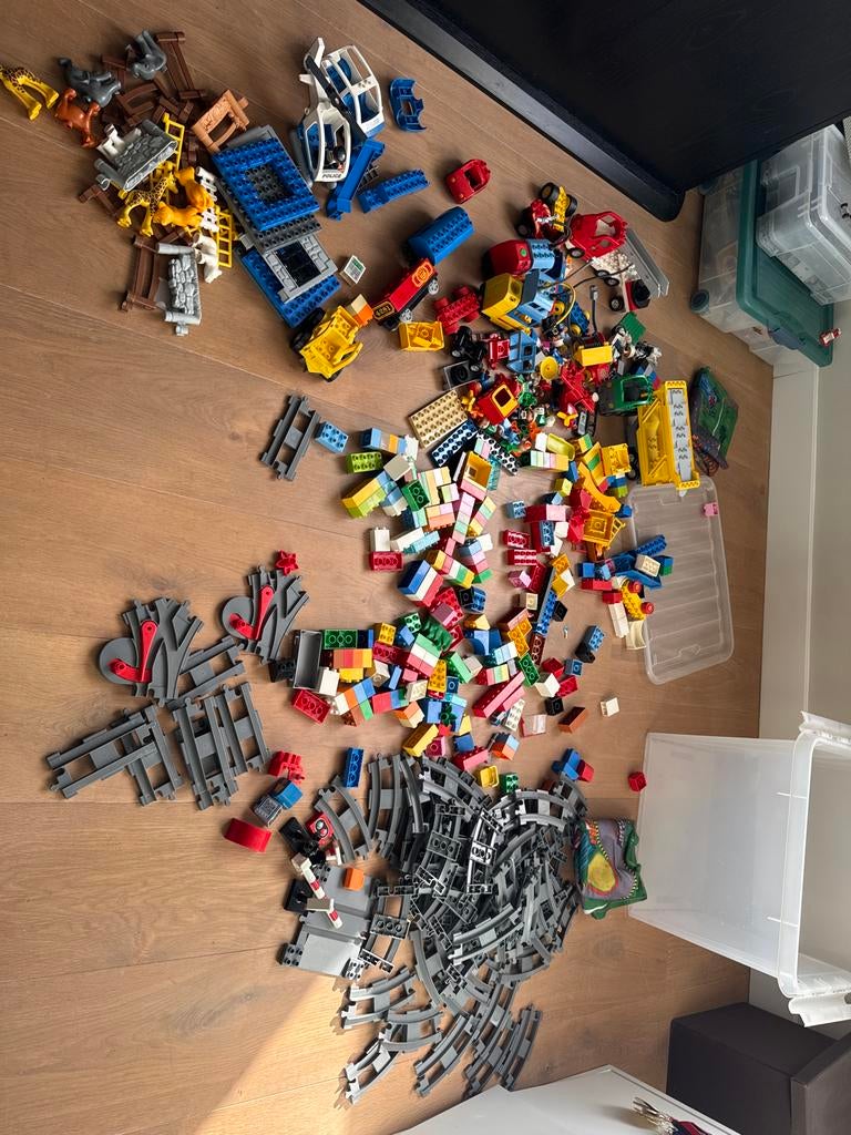 Grote partij LEGO Duplo met treinen, auto's en dieren, Ophalen of Verzenden, Gebruikt, Losse stenen, Duplo