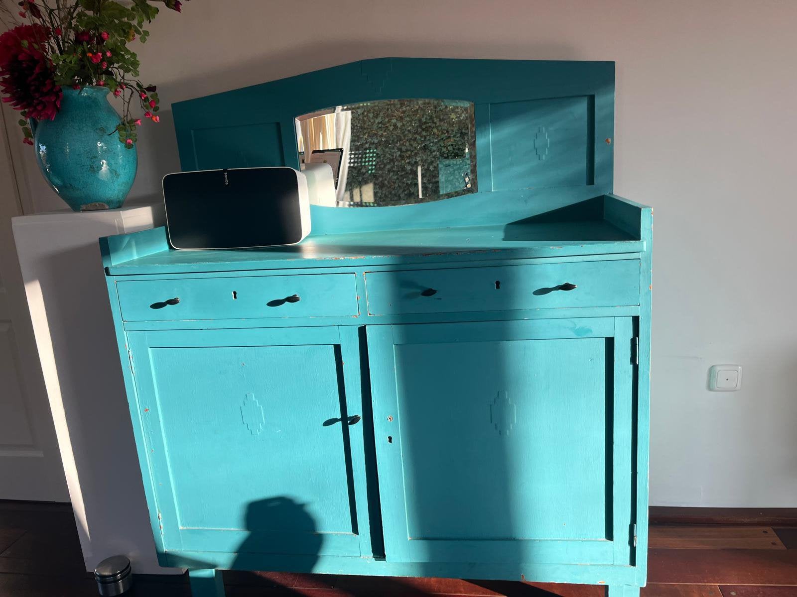 Vintage kastje met spiegel, commode, petrol, Ophalen, Gebruikt, 100 tot 150 cm, Vintage / retro